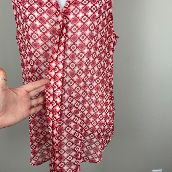 Kut From The Kloth Top Womens Large Floral Geo Button Up Sleeveless V-Neck Sheer - Picture 3 of 13